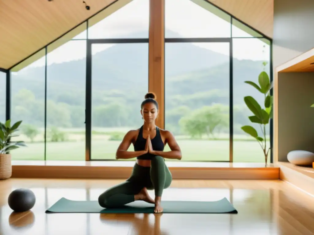 Estudio de yoga con vista a la naturaleza, bañado en luz natural