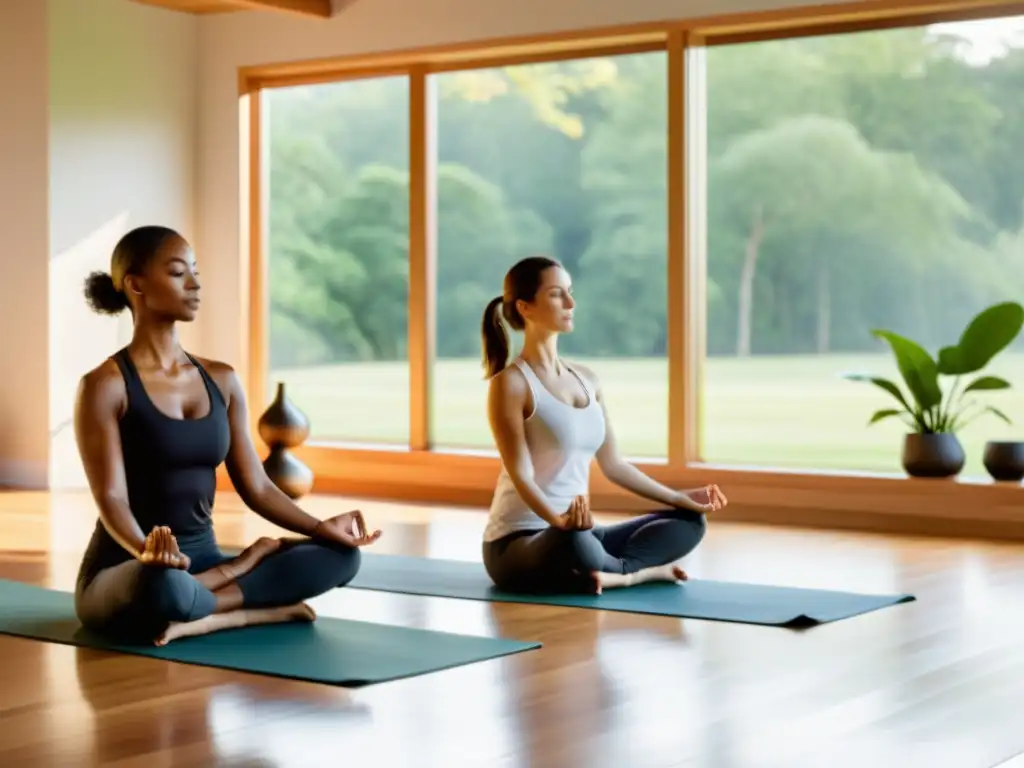 Estudios sobre respiración y salud mental en un estudio de yoga sereno con grandes ventanas y paisaje verde