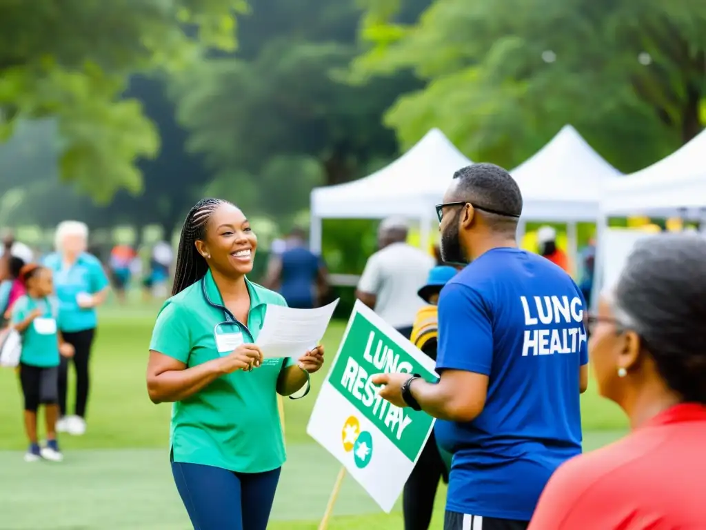 Evento local de salud respiratoria: comunidad diversa y participativa en un vibrante parque, con actividades educativas y profesionales médicos