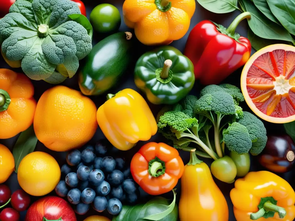 Una exhibición vibrante y apetitosa de frutas y verduras coloridas para un sistema respiratorio saludable