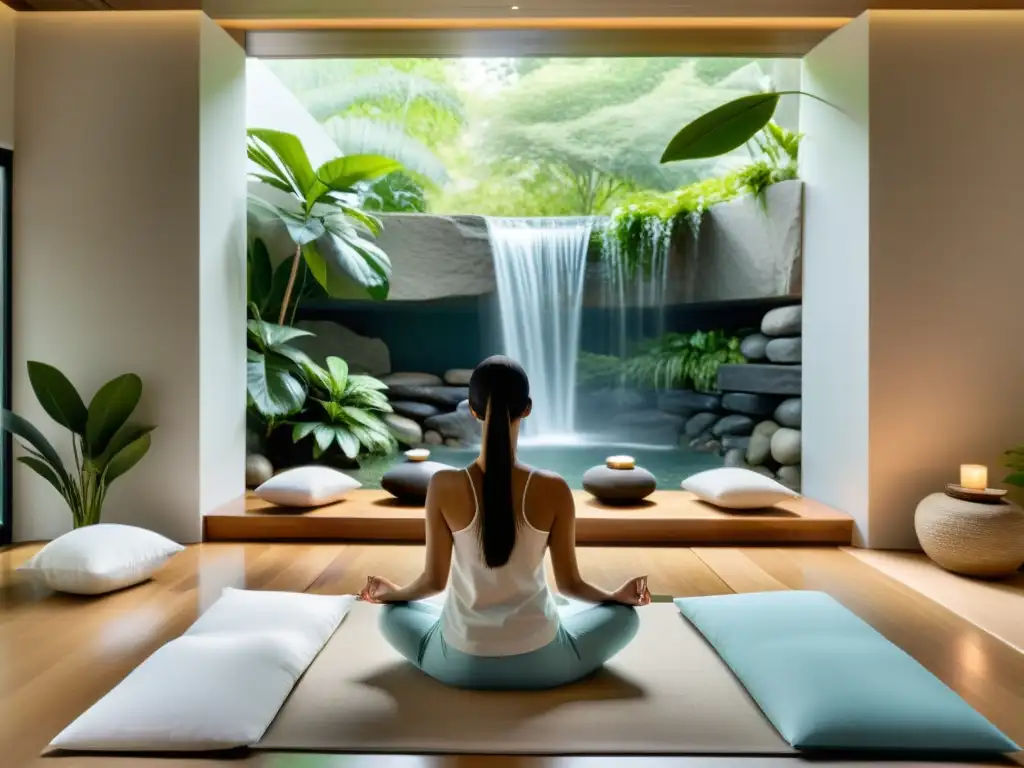 Experiencias inmersivas para respiración consciente: Sala de meditación moderna con luz natural, almohadilla blanca y ambiente tranquilo