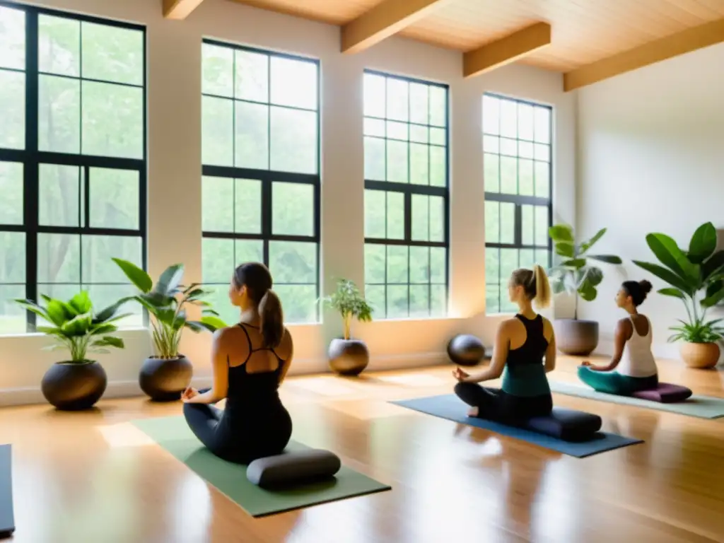 Experiencias inmersivas para respiración consciente en un estudio de yoga sereno y moderno, iluminado por luz natural y plantas exuberantes