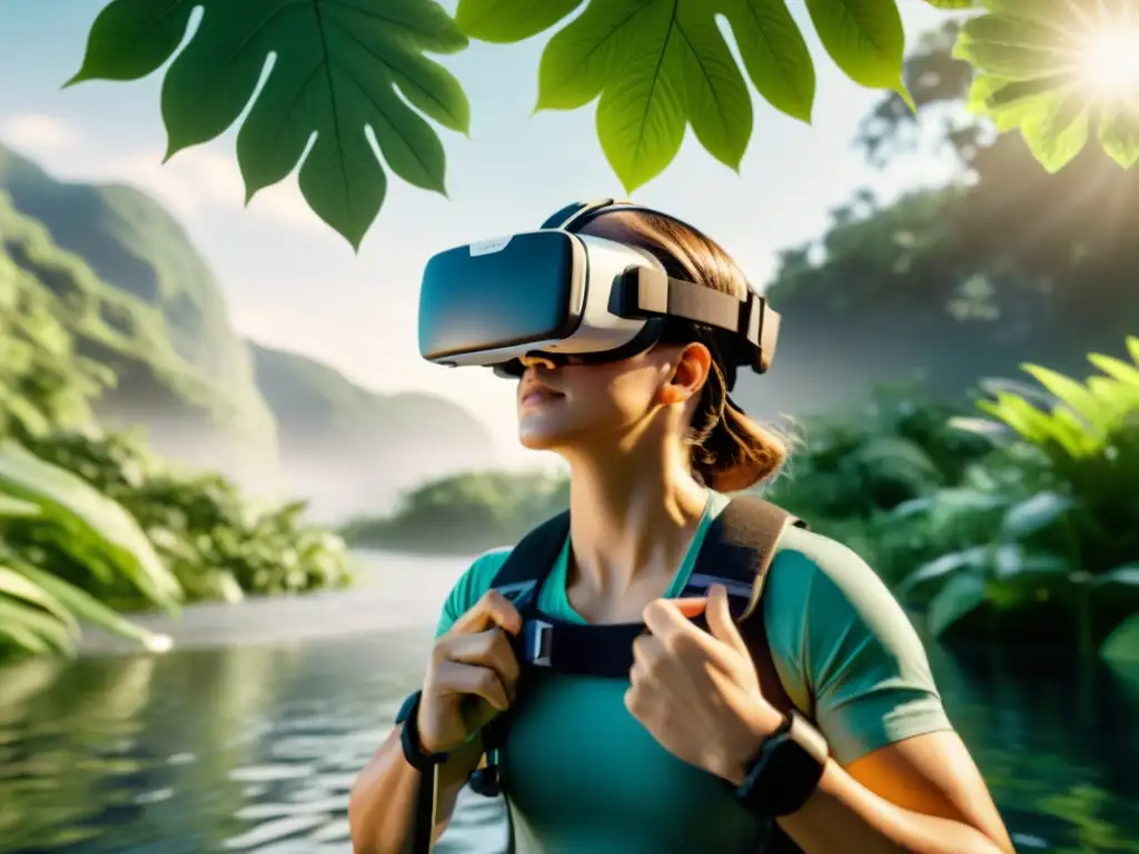 Experiencias de realidad virtual para respiración: Persona con auriculares VR y aparato de respiración en entorno virtual de naturaleza serena