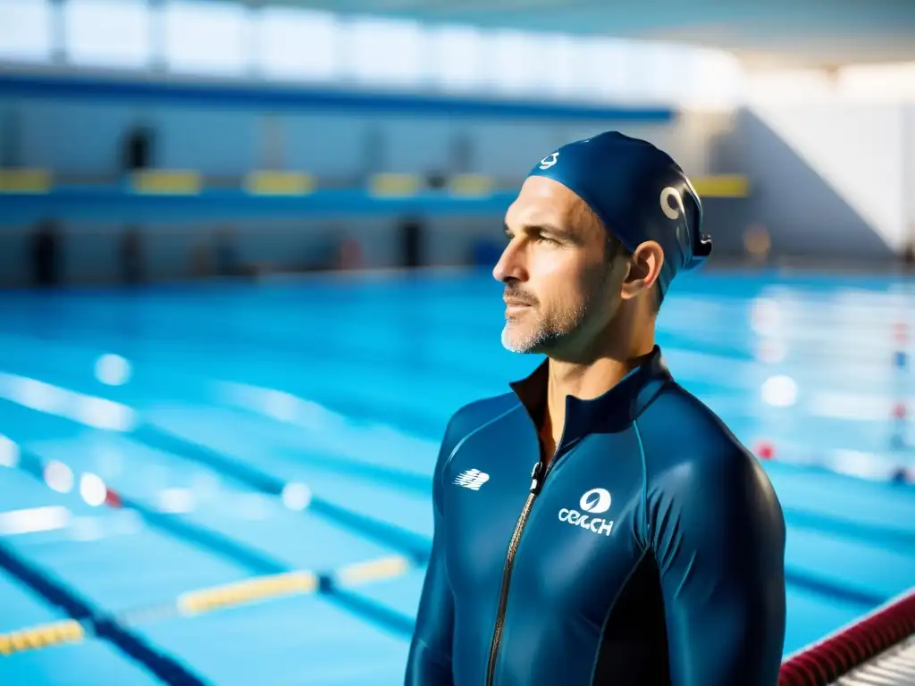 Entrenador de natación experto en piscina olímpica Un experimentado entrenador de natación enseña técnicas de respiración a un grupo de nadadores concentrados en una piscina olímpica