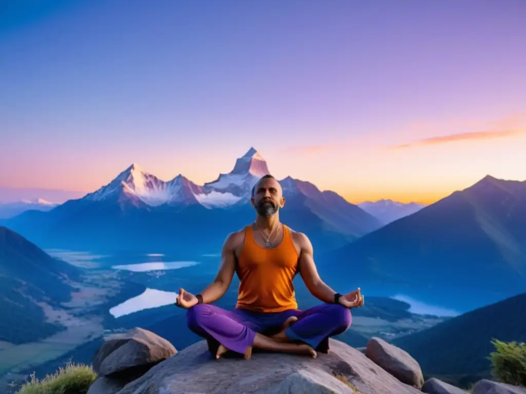 Un experimentado yogui en posición de loto en la cima de una montaña al amanecer, practicando pranayama