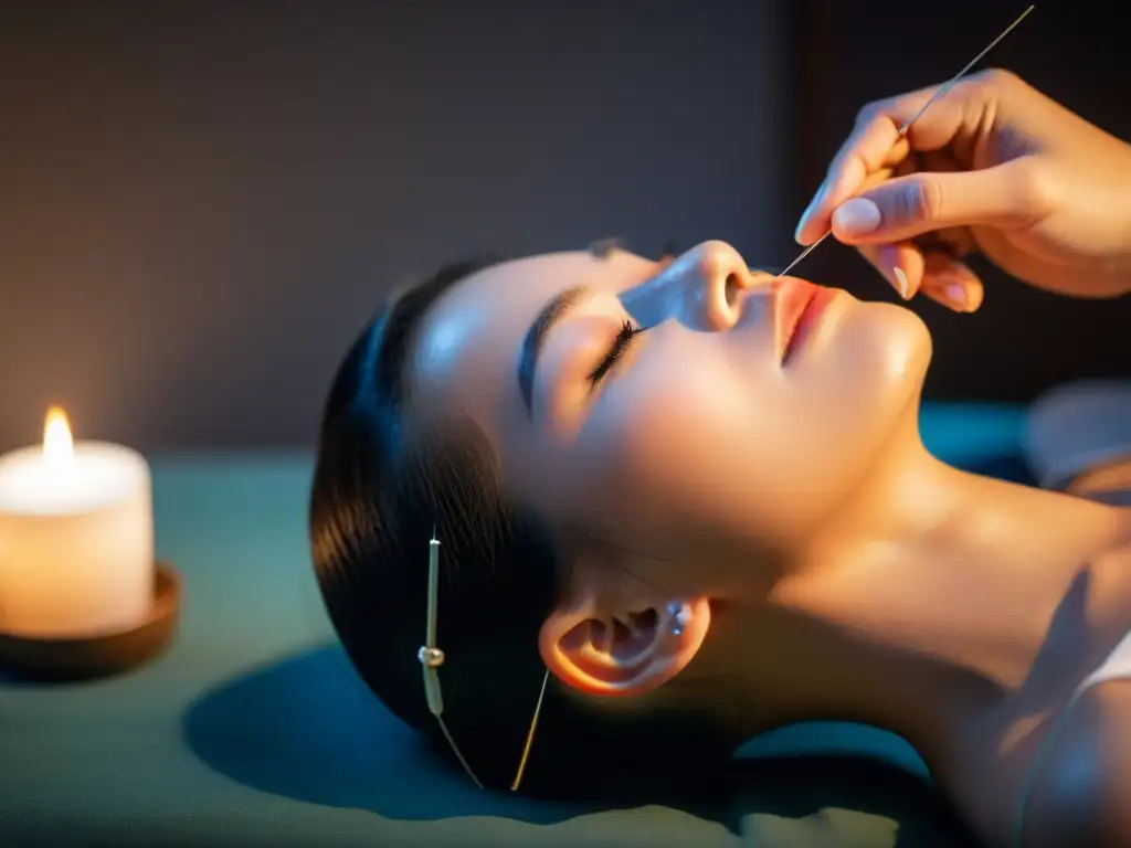 Acupuntura para problemas respiratorios: profesionalidad y relajación Un experto acupuntor aplica agujas en el rostro y cuello de un paciente en una sala serena y tranquila