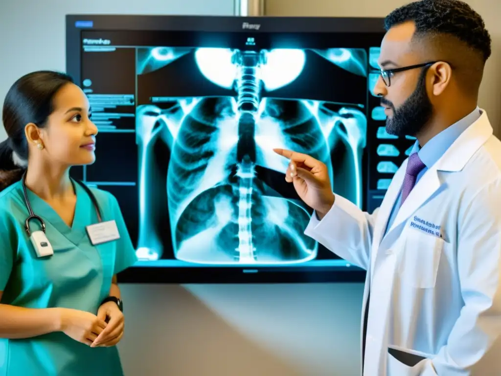 Expertos médicos examinan radiografía de pecho de niño, destacando áreas de preocupación en hospital moderno