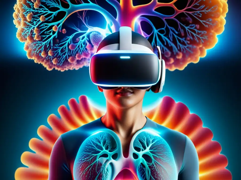 Exploración detallada en 8k de Realidad Virtual para salud respiratoria, mostrando un entorno vibrante y detallado del sistema respiratorio