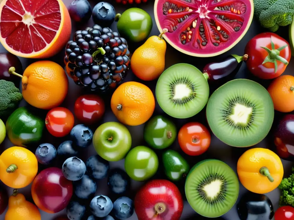 Una exquisita combinación de frutas y verduras en un patrón visualmente impactante