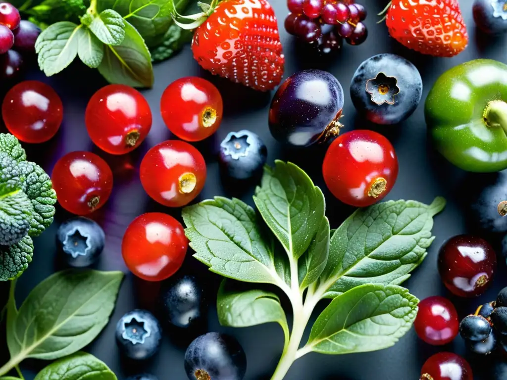 Una exquisita exhibición de frutas y verduras rojas, moradas y verdes con beneficios antioxidantes, que resaltan la vitalidad y la capacidad pulmonar