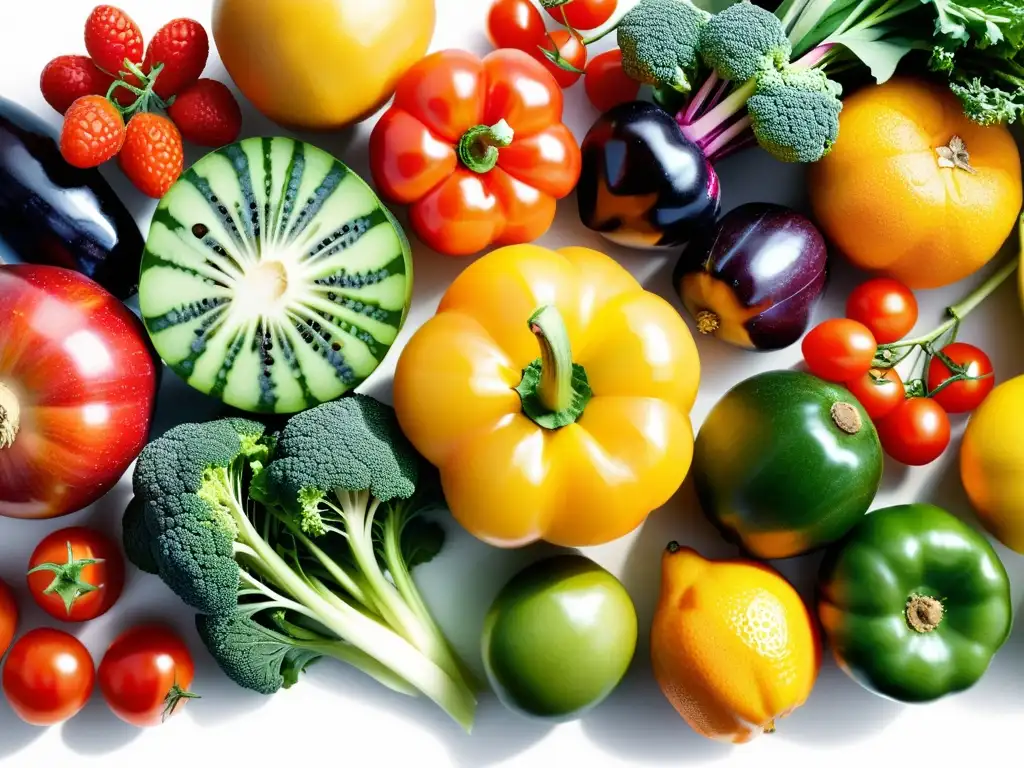 Una exquisita exhibición de frutas y verduras frescas, con colores vibrantes e irresistibles