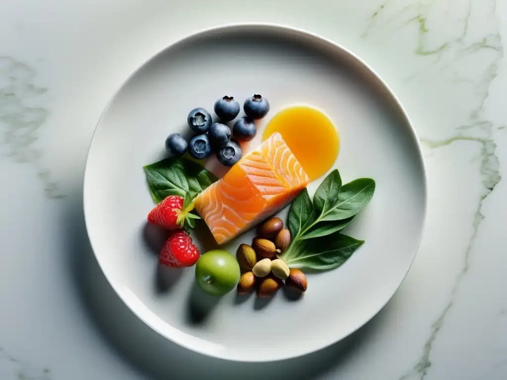 Una exquisita variedad de alimentos antiinflamatorios para el sistema respiratorio, con colores vibrantes y texturas detalladas en un plato blanco minimalista