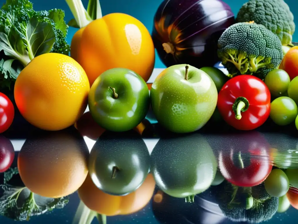 Una exquisita variedad de frutas y verduras frescas, con gotas de agua brillante