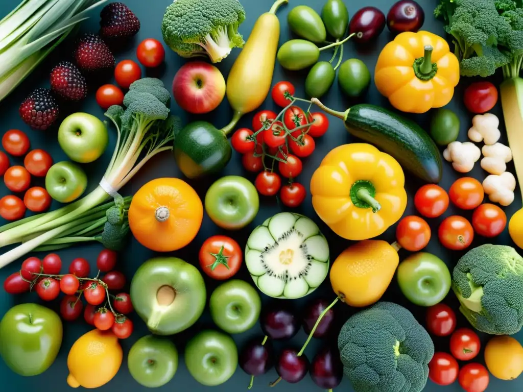 Una exquisita variedad de frutas y verduras coloridas, mostrando opciones vibrantes para intervenciones nutricionales en enfermedades respiratorias