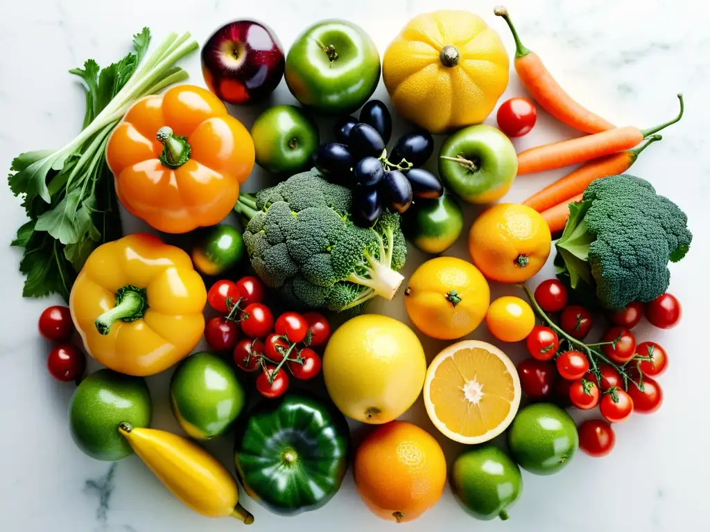 Una exquisita variedad de frutas y verduras frescas en un patrón circular sobre una mesa de mármol blanco