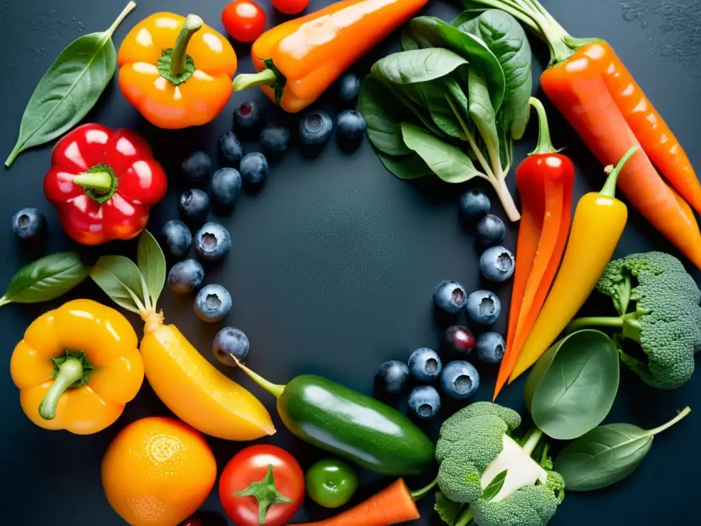 Una exquisita variedad de frutas y verduras coloridas dispuestas en círculo sobre fondo oscuro, goteando frescura