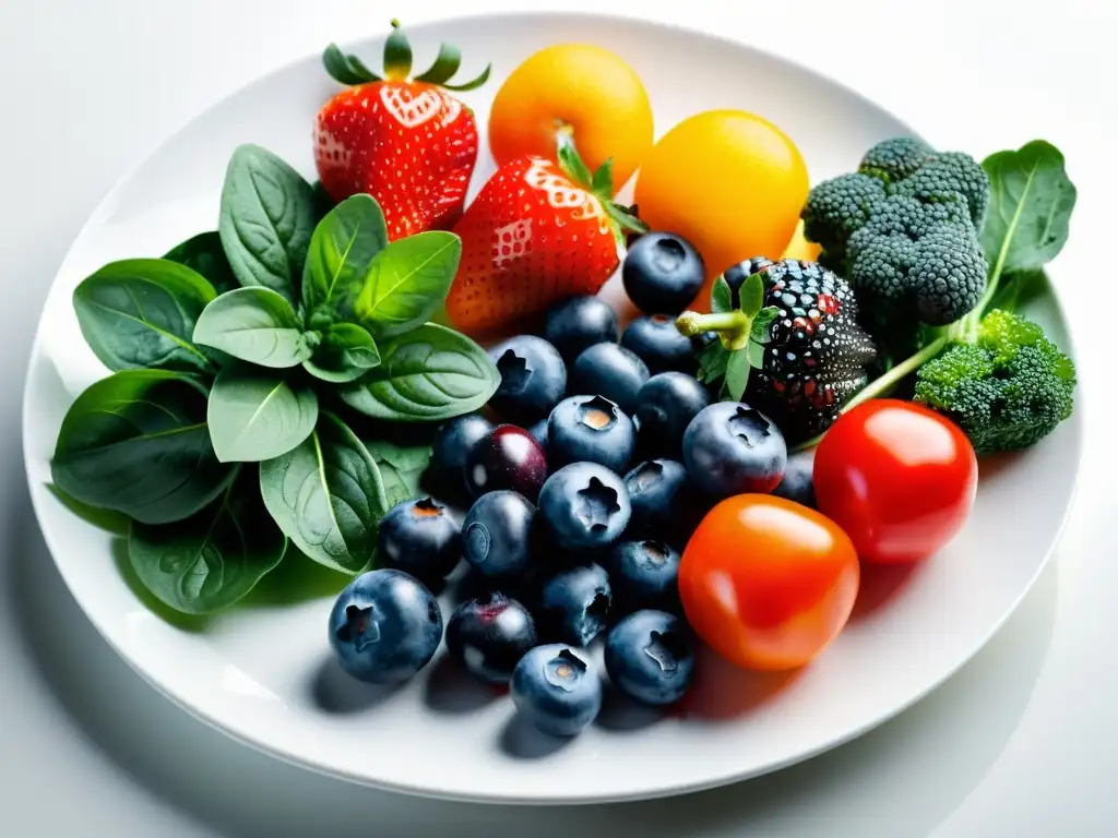 Una exquisita variedad de frutas y verduras antioxidantes en un plato blanco moderno