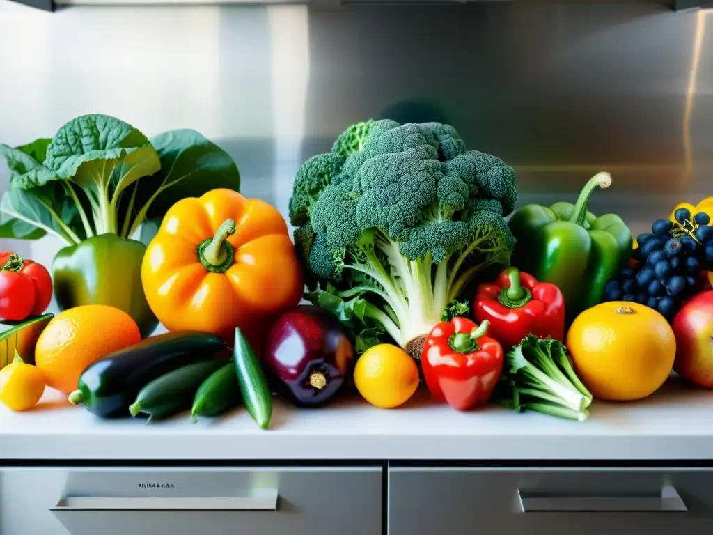 Una exquisita variedad de frutas y verduras coloridas en una cocina moderna