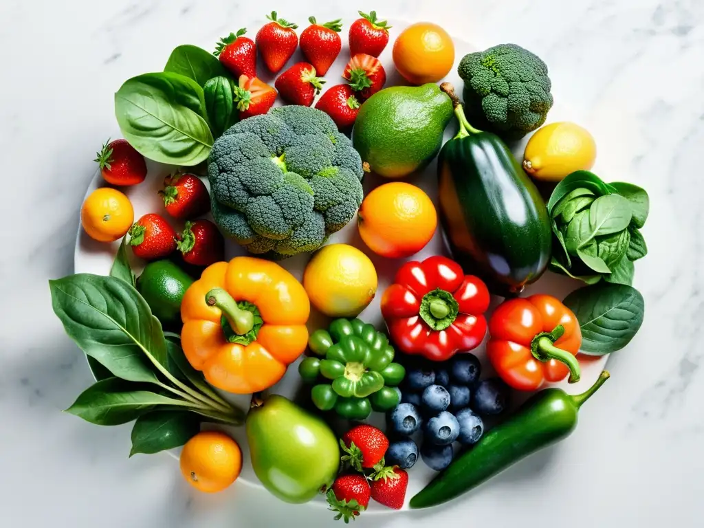 Una exquisita variedad de frutas y verduras coloridas dispuestas en círculo sobre una elegante encimera de mármol blanco