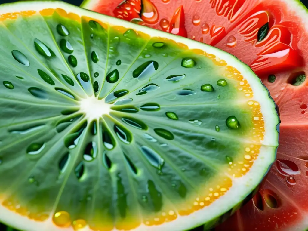 Una exquisita variedad de frutas y verduras jugosas, con gotas de agua brillante