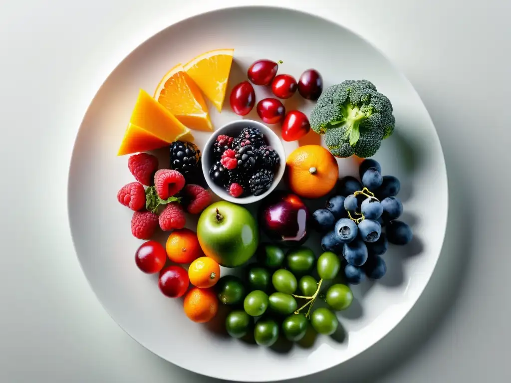 Una exquisita variedad de frutas y verduras coloridas, dispuestas en un plato blanco moderno