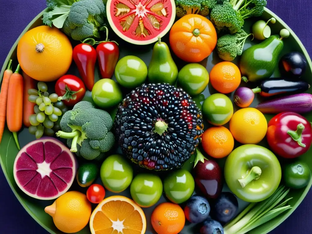 Una exquisita variedad de frutas y verduras frescas en un arreglo circular, con colores vibrantes y detalles naturales, evocando frescura y nutrición