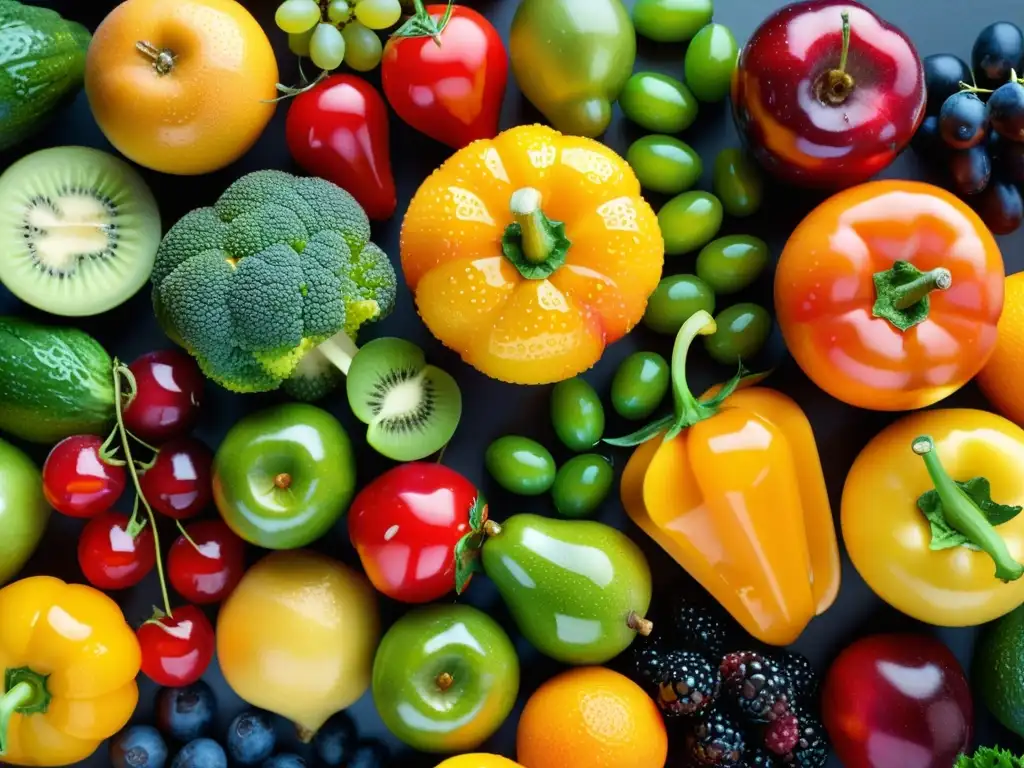 Exquisita variedad de frutas y verduras frescas, con colores vibrantes y aspecto saludable, transmitiendo vitalidad y nutrición sinergia