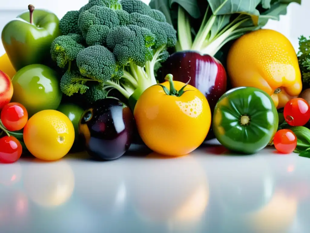 Una exquisita variedad de frutas y verduras en una encimera blanca, representando intervenciones nutricionales en enfermedades respiratorias