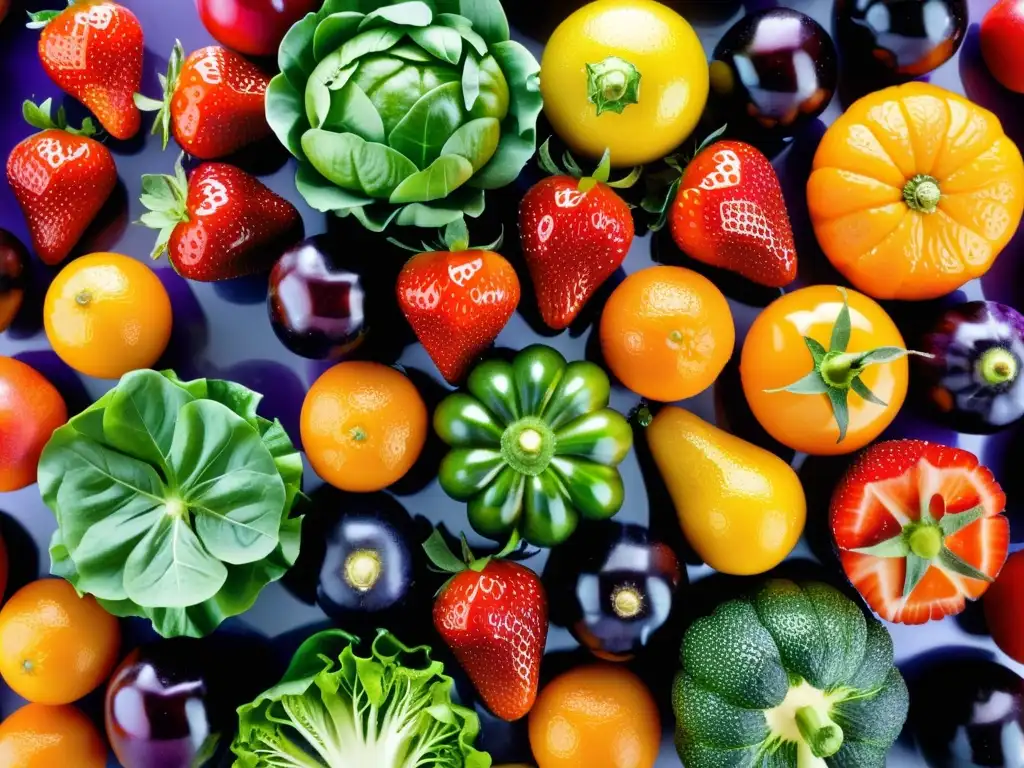 Una exquisita y vibrante variedad de frutas y verduras frescas dispuestas en un patrón simétrico