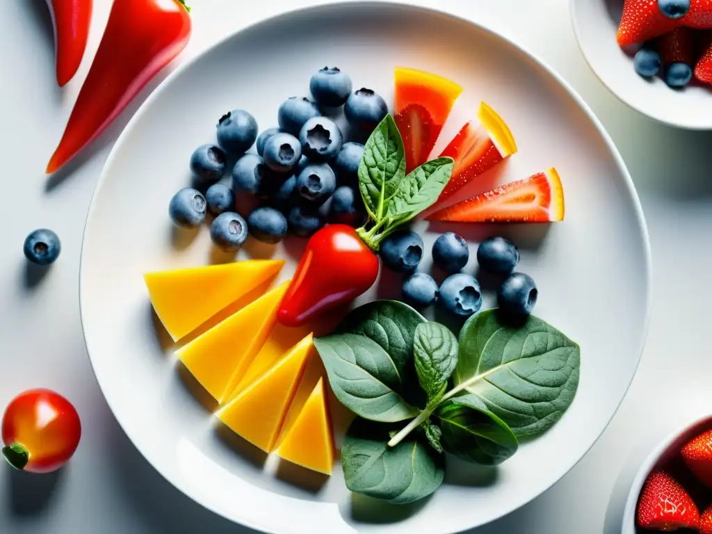 Un exquisito arreglo de alimentos antioxidantes como arándanos, fresas, kale y pimientos rojos en un plato blanco, promoviendo la función pulmonar