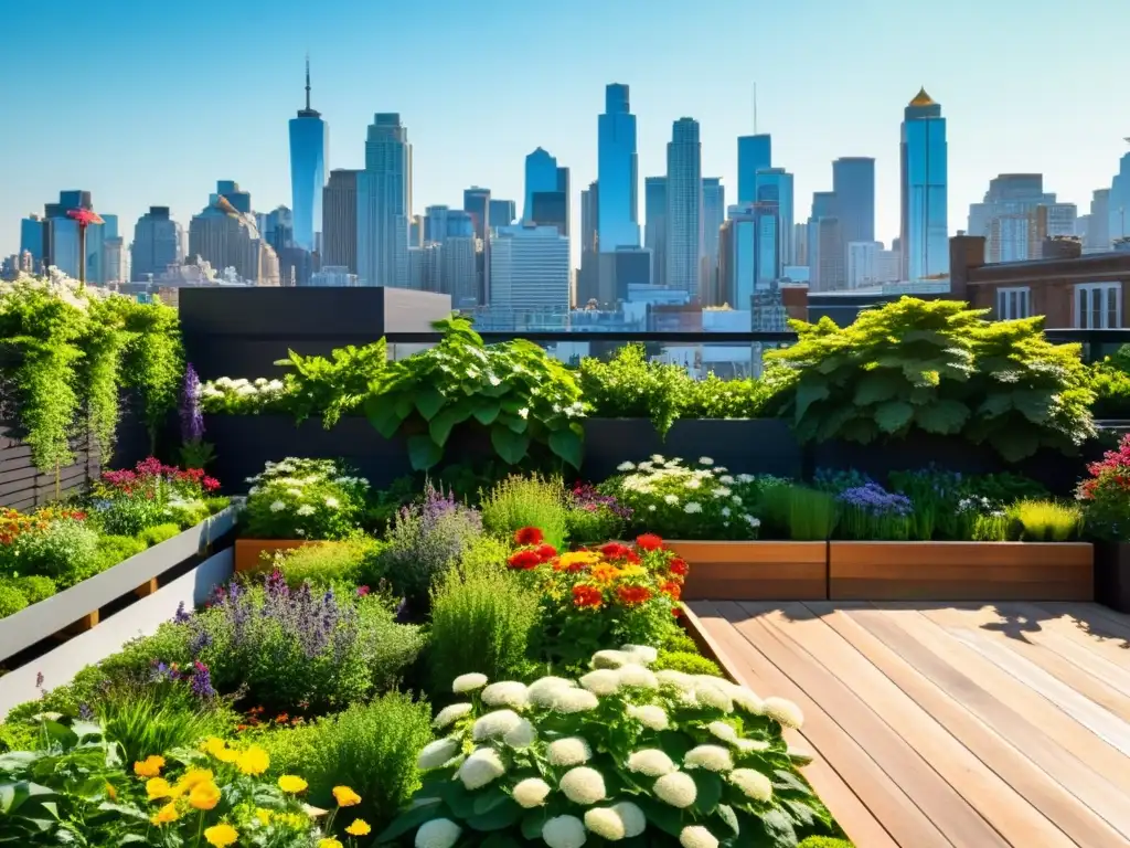 Jardín exuberante en azotea verde con plantas y flores en plena floración