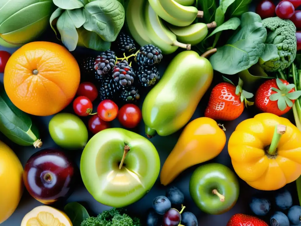 Una exuberante y colorida variedad de frutas y verduras frescas, dispuestas de forma visualmente atractiva