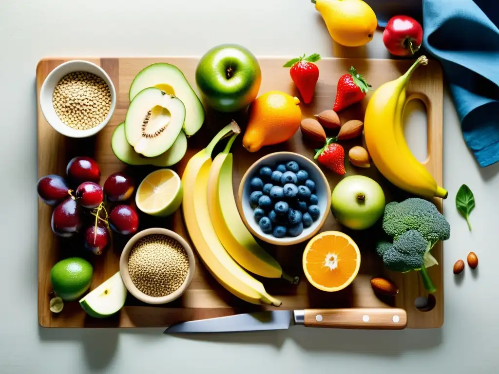 Una exuberante composición de frutas, vegetales, frutos secos y semillas, artísticamente dispuestos en una tabla de cortar de madera