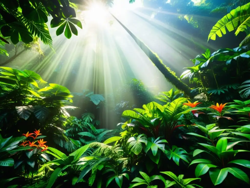 Exuberante escena de selva tropical con luz solar filtrándose entre el dosel, resaltando la exuberante vegetación verde y variedad de flores exóticas