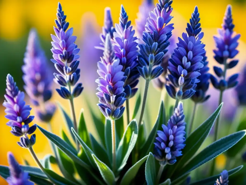 Una exuberante planta de lavanda morada en plena floración, capturando la luz del sol con sus delicados pétalos