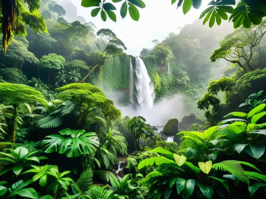 Exuberante selva con cascada, biodiversidad y ambiente sereno