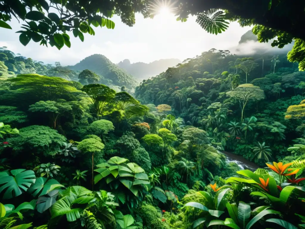 Exuberante selva con biodiversidad y río, ideal para turismo salud respiratoria