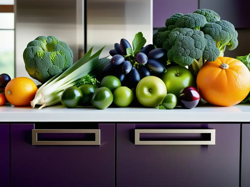 Una exuberante variedad de frutas y verduras frescas, con vibrantes colores y texturas, iluminadas suavemente en una cocina moderna