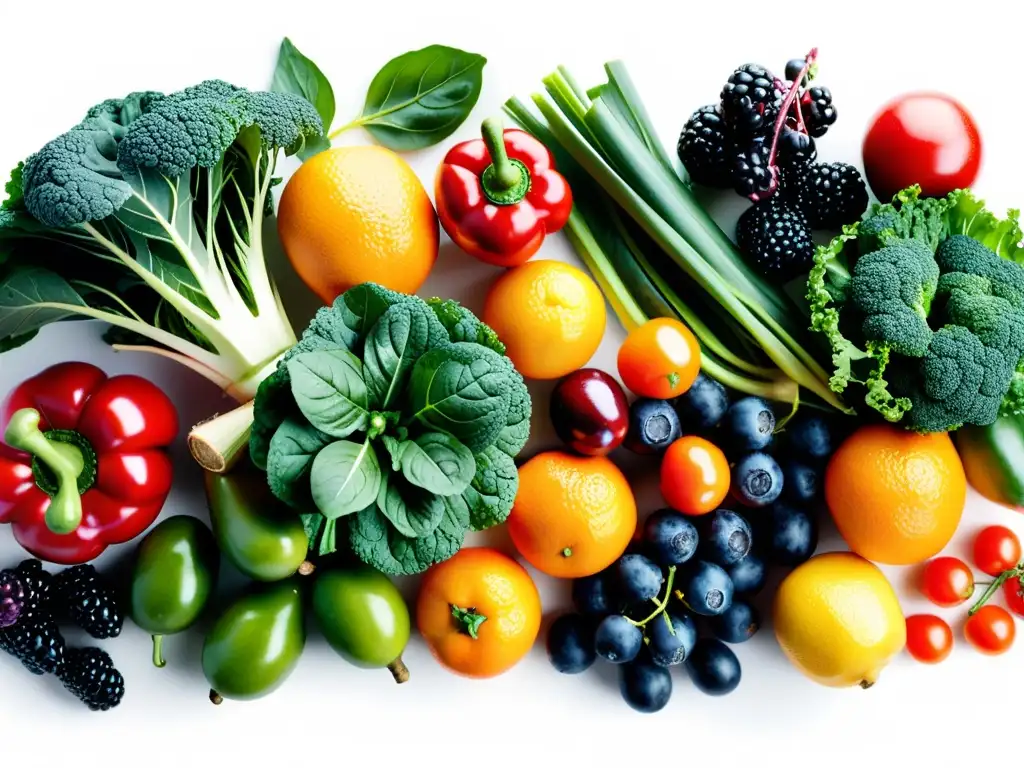 Una exuberante variedad de frutas y verduras frescas, dispuestas con detalle sobre una mesa blanca moderna