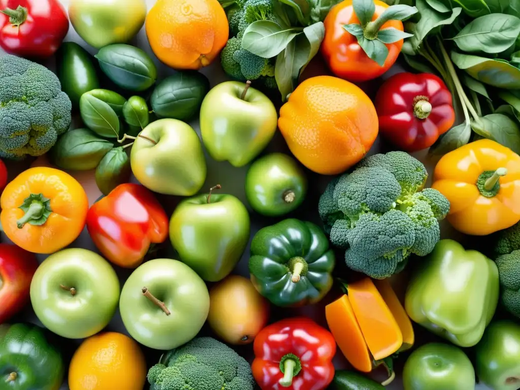 Una exuberante variedad de frutas y verduras frescas en primer plano, resaltando su frescura y vitalidad