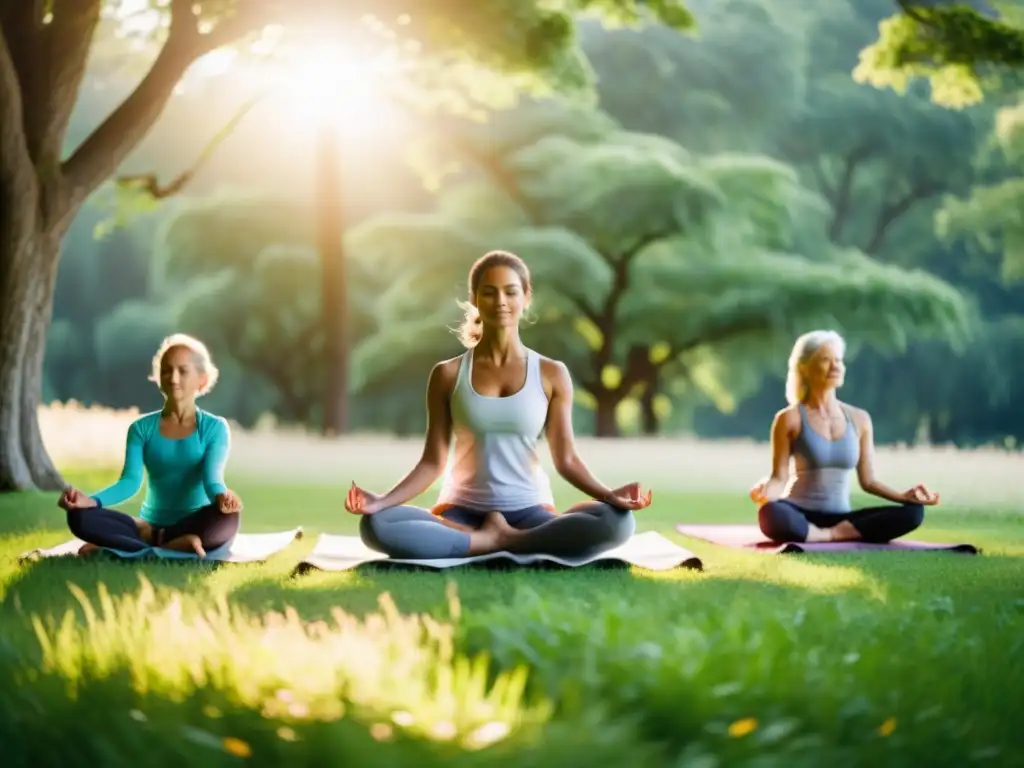 Una familia multigeneracional practica yoga en un prado verde, rodeados de árboles altos con el sol filtrándose entre las hojas