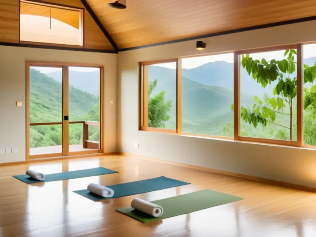 Familias disfrutan de retiros de yoga y meditación familiar en un estudio moderno rodeado de naturaleza y luz natural