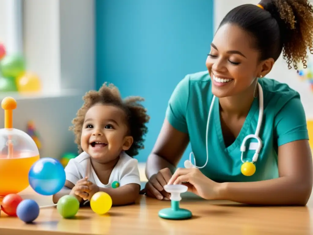 Niño feliz realizando fisioterapia respiratoria pediátrica beneficios con terapeuta sonriente y juguetes coloridos bajo luz natural