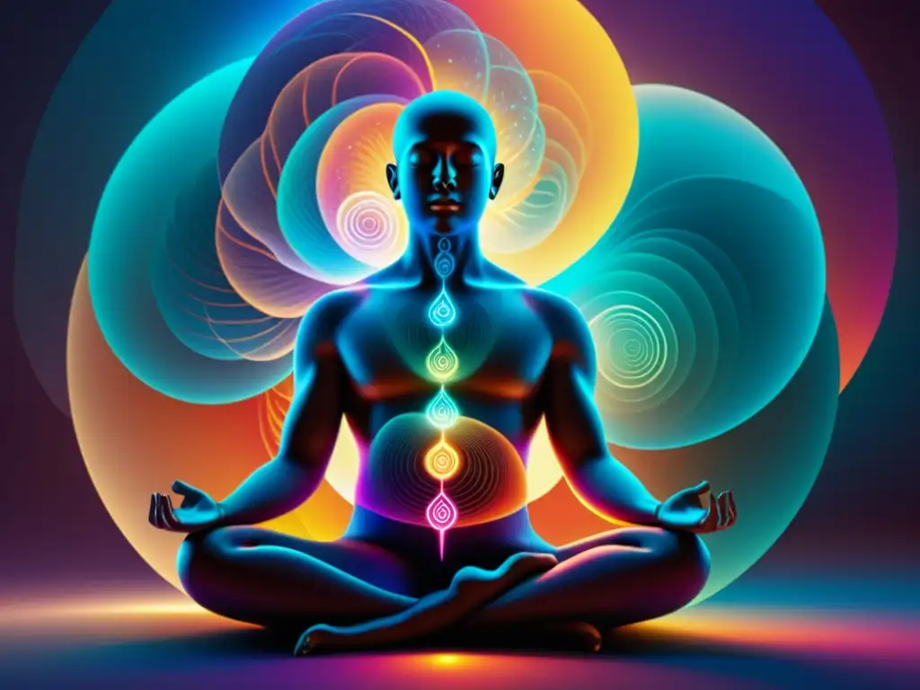 Figura humana en postura meditativa rodeada de energía y color, fusionando sabiduría ancestral con conocimientos modernos