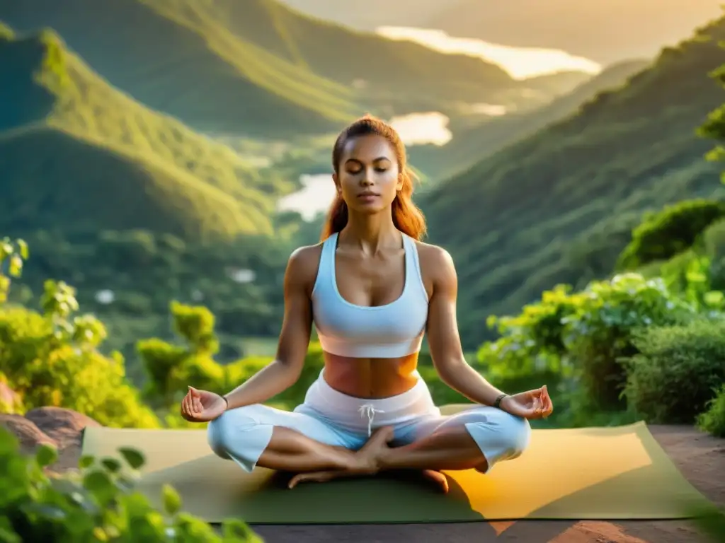 Una figura serena practica yoga en una montaña, rodeada de verdor y bañada por la cálida luz dorada del sol poniente, exudando paz interior y armonía