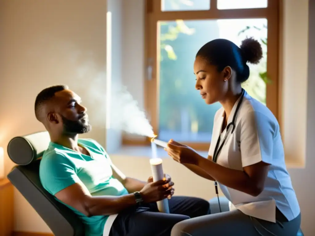 Fisioterapeuta guía paciente en ejercicios respiratorios con spirometer, en clínica profesional y cálida