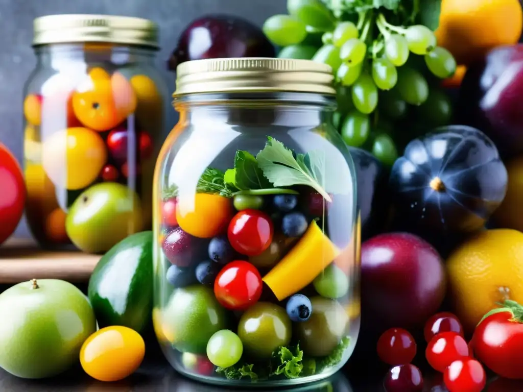 Un frasco transparente rebosante de frutas y verduras orgánicas frescas, exudando vitalidad y naturalidad