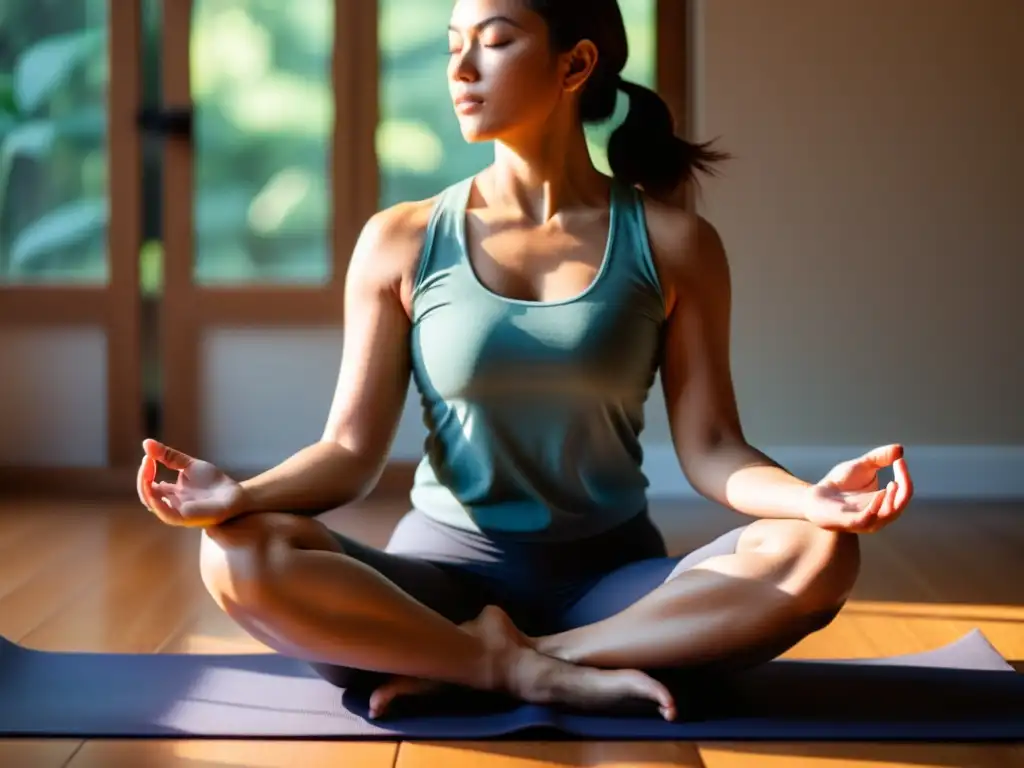 Fundamentos de la respiración consciente: Persona en meditación, concentrada, iluminada por luz natural