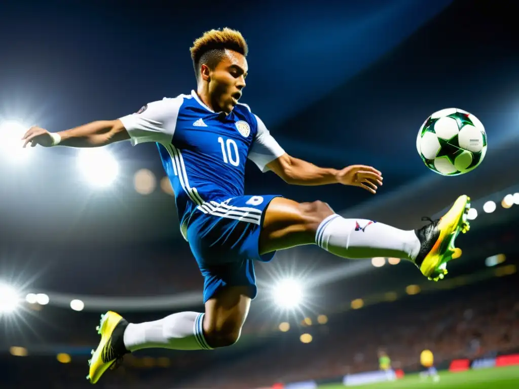 Un futbolista en pleno salto, realizando un potente cabezazo con determinación y enfoque