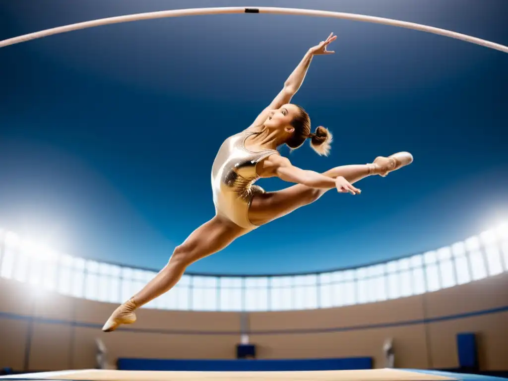 Un gimnasta profesional en un salto perfecto, demostrando agilidad y control en un ambiente futurista de mejora de la respiración para gimnastas